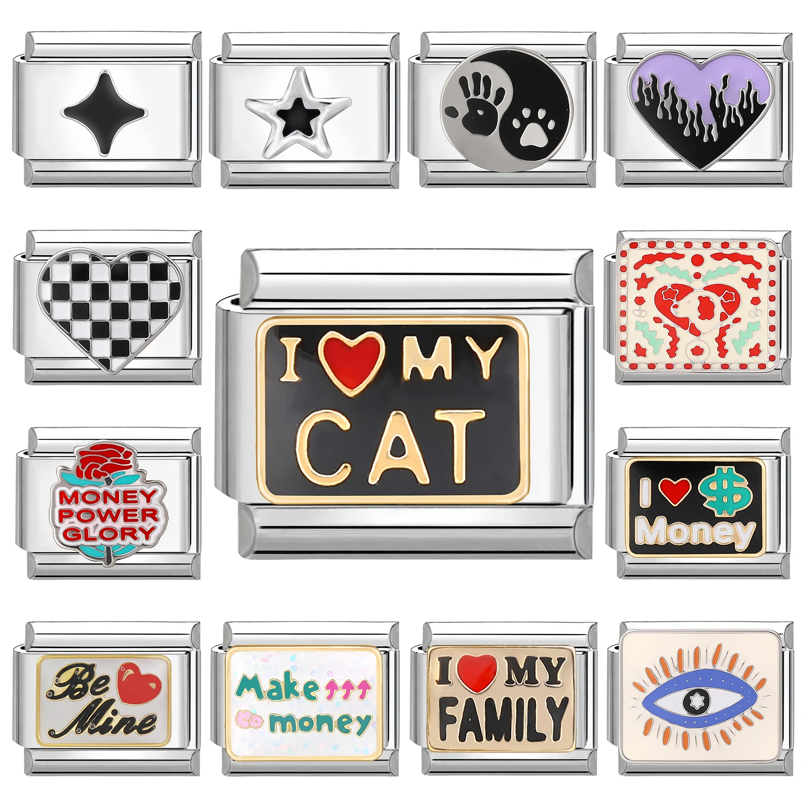Creative Design I Love Cat Family Be Mine Checkered Heart Star Italian Charm Fit 9MM Stainless Steel Bracelet DIY Making Jewelry