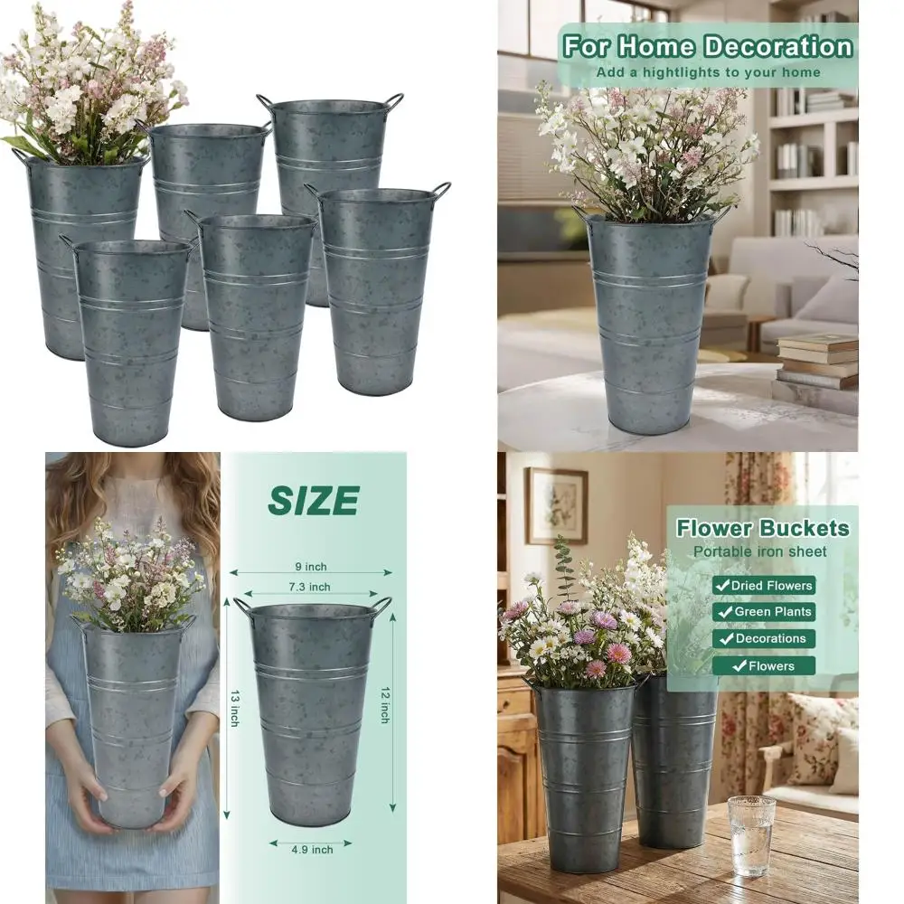 

Set of 6 Galvanized Metal Vases, Tall Flower Buckets with Handles, Rustic Decor, Ideal for Weddings, French Style Planters (Blac