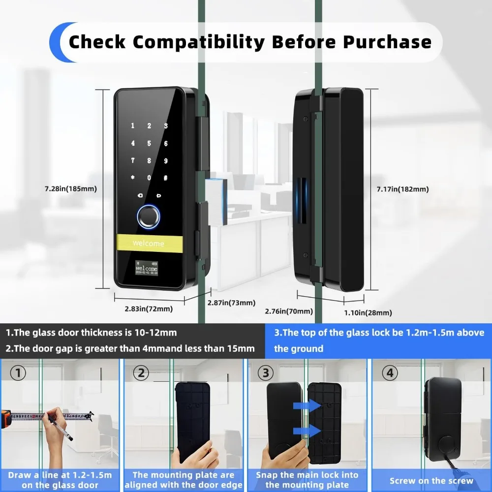 قفل باب زجاجي ذكي، 7 في 1 بدون مفتاح لبصمة الإصبع مع التحكم في التطبيق، أقفال رقمية إلكترونية مع رمز لوحة المفاتيح، Aut #5