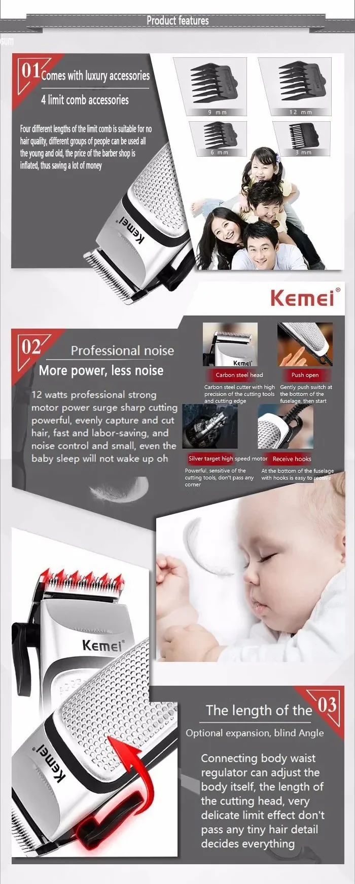 Kemei KM-4639 Elektrische Haarschneidemaschine Haarschneidemaschine Professionelle Trimmer Haushalt Geräuscharm Bart Maschine Körperpflege Haarschnitt Werkzeug – Detail 2