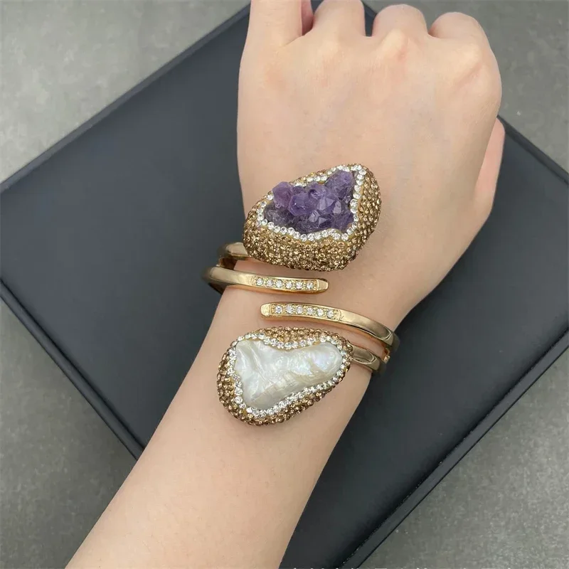 Natural Amethyst Baroque Freshwater Pearl Cuff Bracelet Turkish Crystal Quartz Exquisite Women\'s Banquet Jewelry Accessories