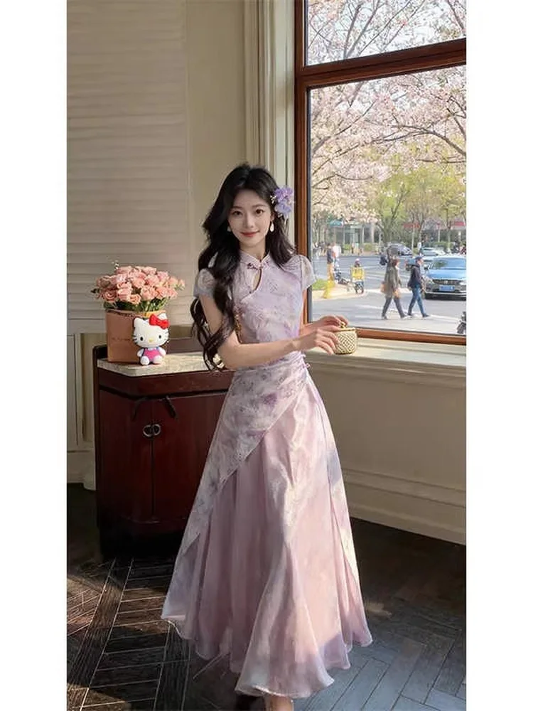 New Chinese Style Dark Pattern Printed Qipao Women's Long Skirt Breathable Polyester Fiber Short Sleeve Daily Wear Vintage Wind