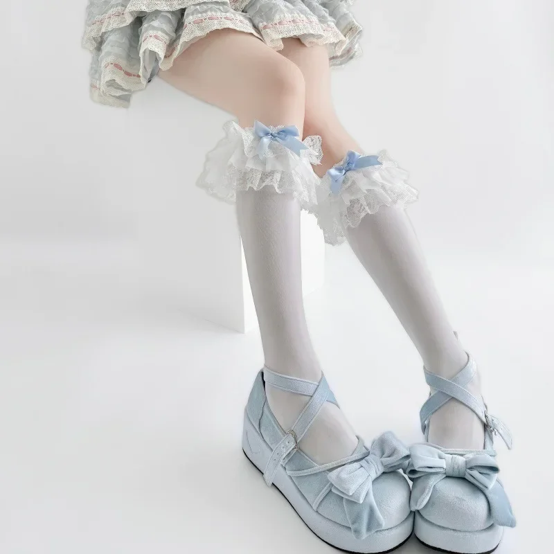 Ladies Japanese Lolita Mid Calf Socks Delicate Flounce Lace Edge Adorable Blue Bow Design Elastic Hosiery Widely Suitable