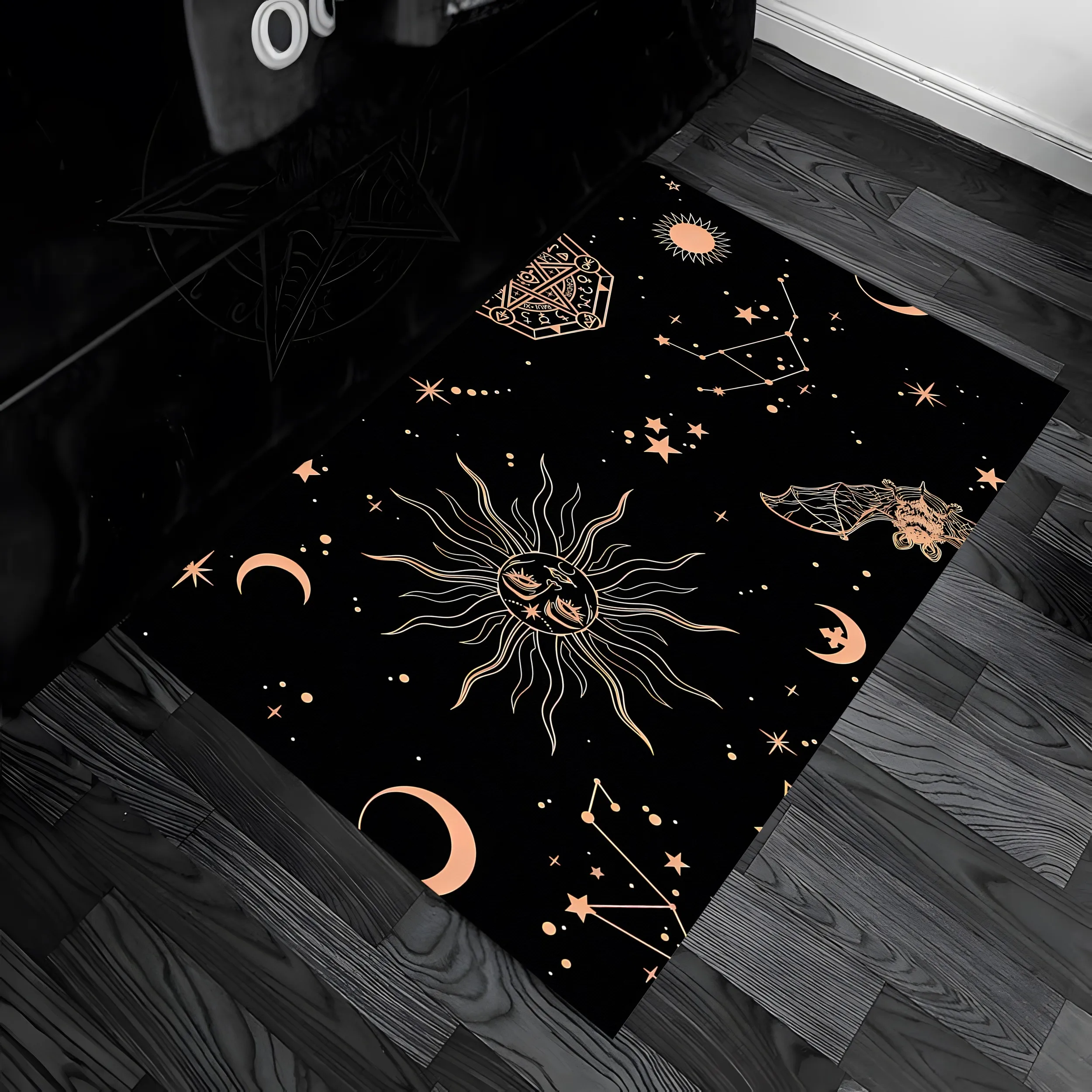 Dark Gold Star, Moon, and Sun Constellation Totem in a Retro and Mysterious Style, Suitable for Halloween and Christmas, Bedroom, Bedside, Living Room, Gaming Room, Velvet Rug to Create a Dreamy and Tranquil Atmosphere