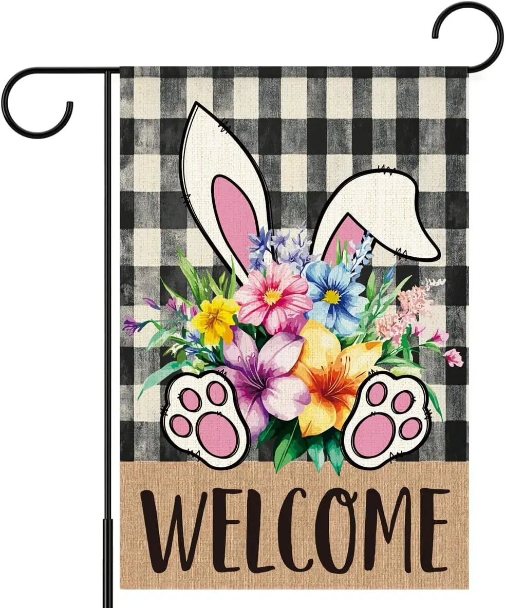 Welcome Easter Garden Flag,Bunny Buffalo Plaid Small Yard Flag,Easter Theme Welcome Garden Flags for Outside Outdoor,12x18 I ZZM