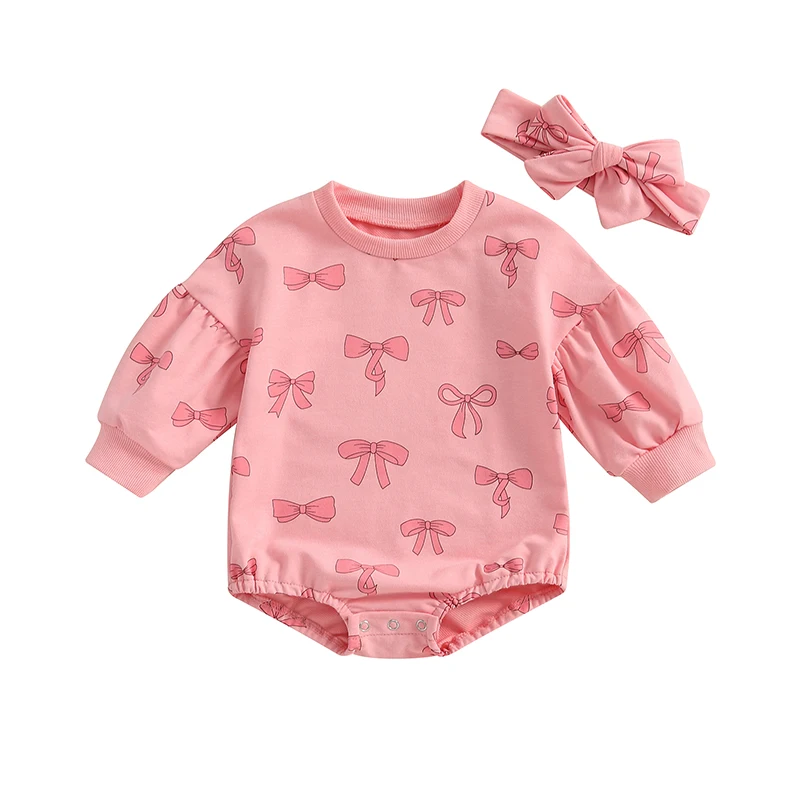 

Baby Girl Fall Outfit Bow Print Crew Neck Long Sleeve Sweatshirt Romper Tie-up Headband 2 Pcs Set