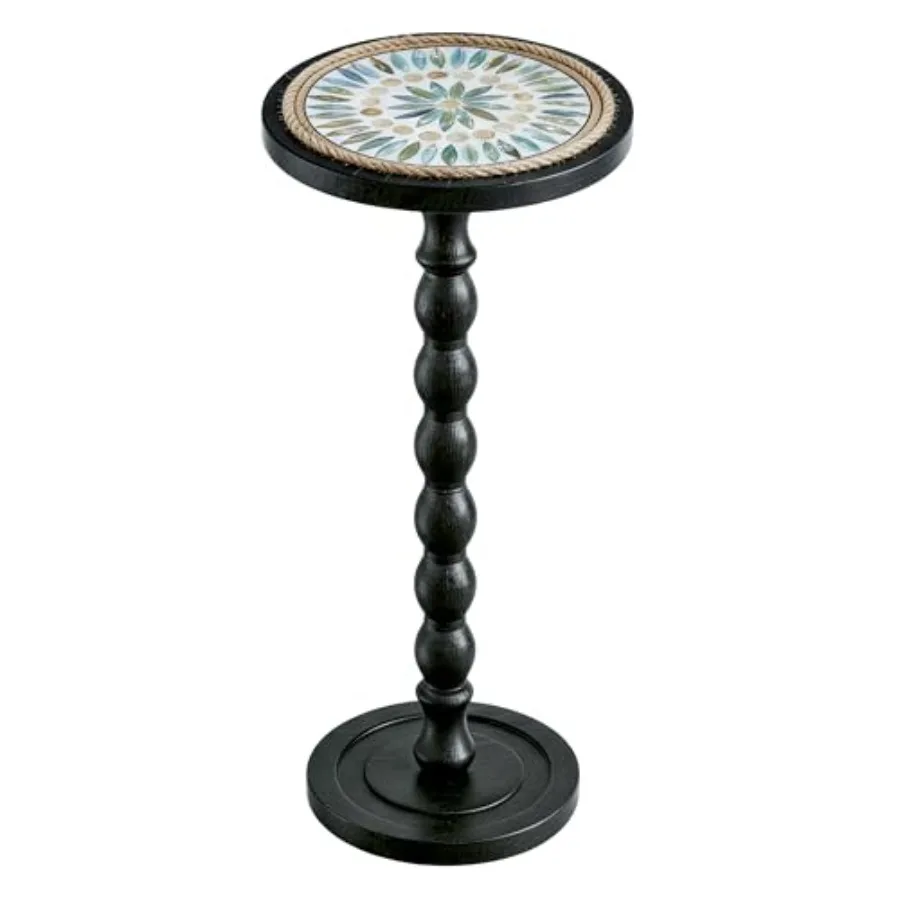 

Round side table for small spaces, solid wood legs, black rustic finish, compact drink table ideal for living room, bedroom, co