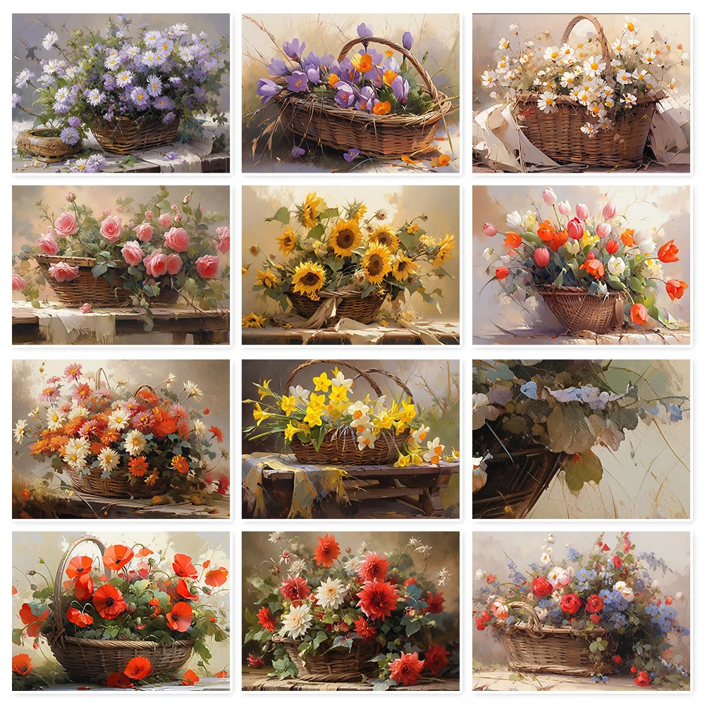 5D DIY Diamond Painting Flower Basket Mosaic Embroidery Illustration Style Full Square/Round Cross Stitch Craft Set Wall Decor