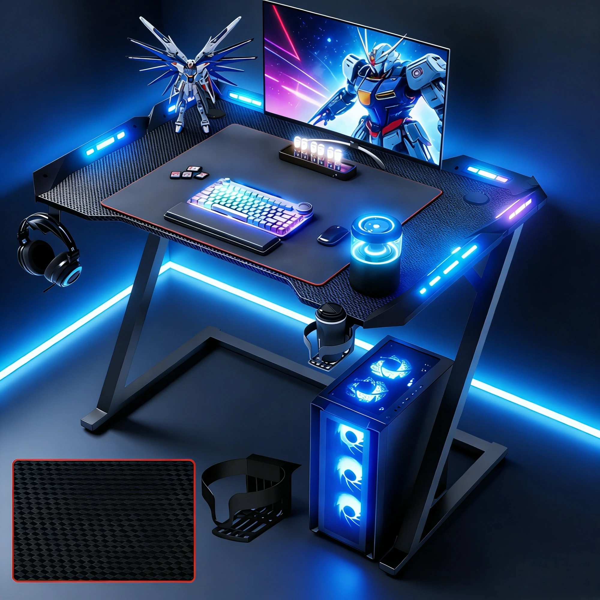 Claiks Gaming-bureau met LED-verlichting, Z-frame gamingtafel met bekerhouder