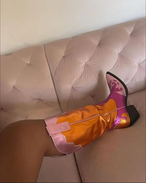 

Orange Low Heels Mid-calf Sexy Western Boots Cowboy Party Dress Pointed Toe Boots Leather Women Shoes