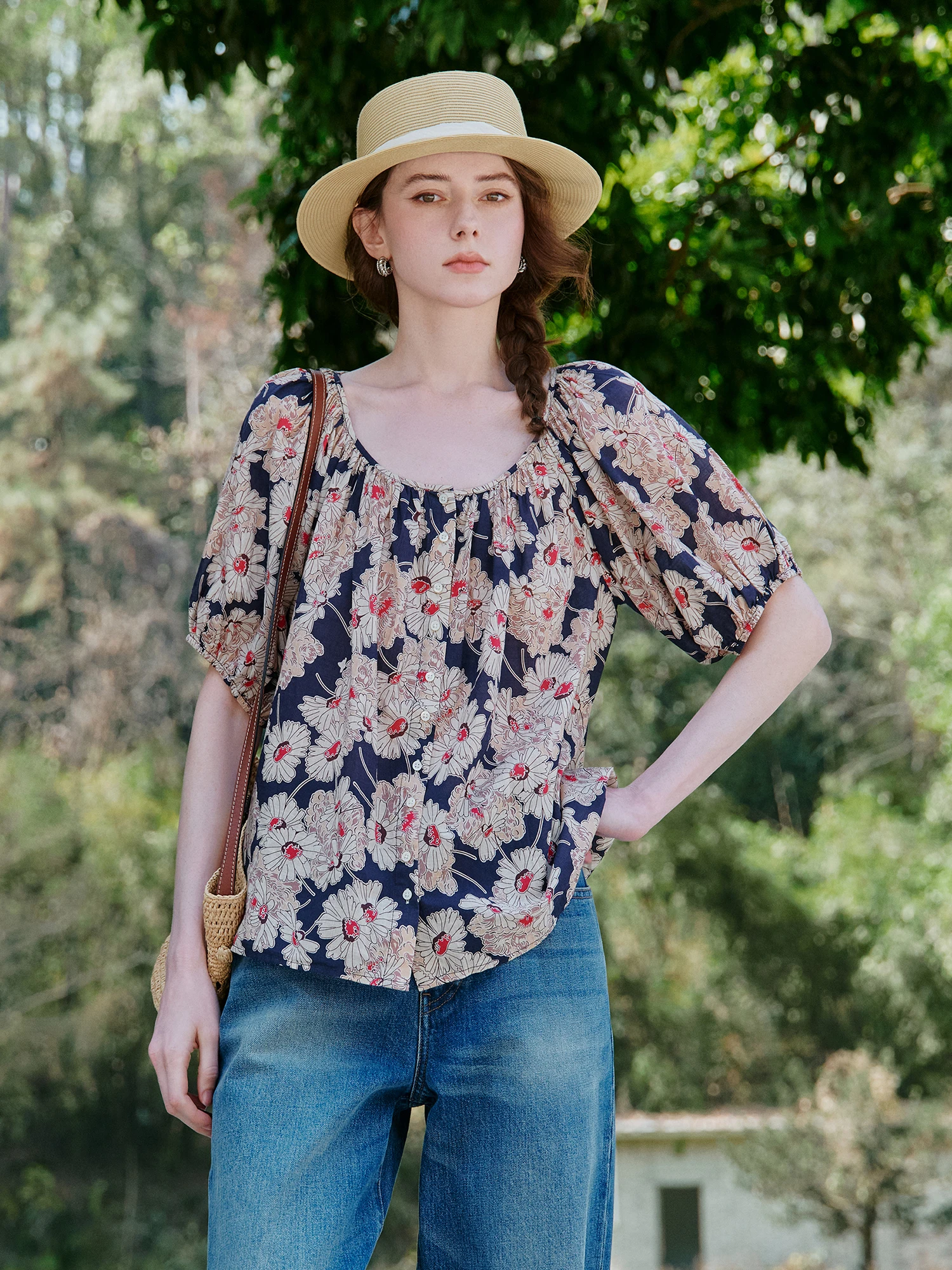 

French Style Loose Fit Cotton Shirt Daisy Print High Yarn Bamboo Fiber Thin Cotton Half Skirt Dress Breathable Summer Wear