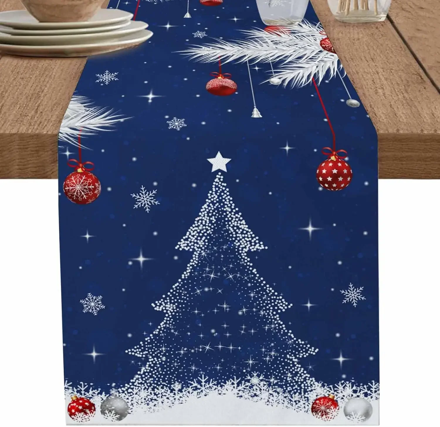1Pc Christmas Tree Style Table Runner Blue Snowflake Star Ornament Print Table Cover For Dining Table Kitchen Party Decoration T