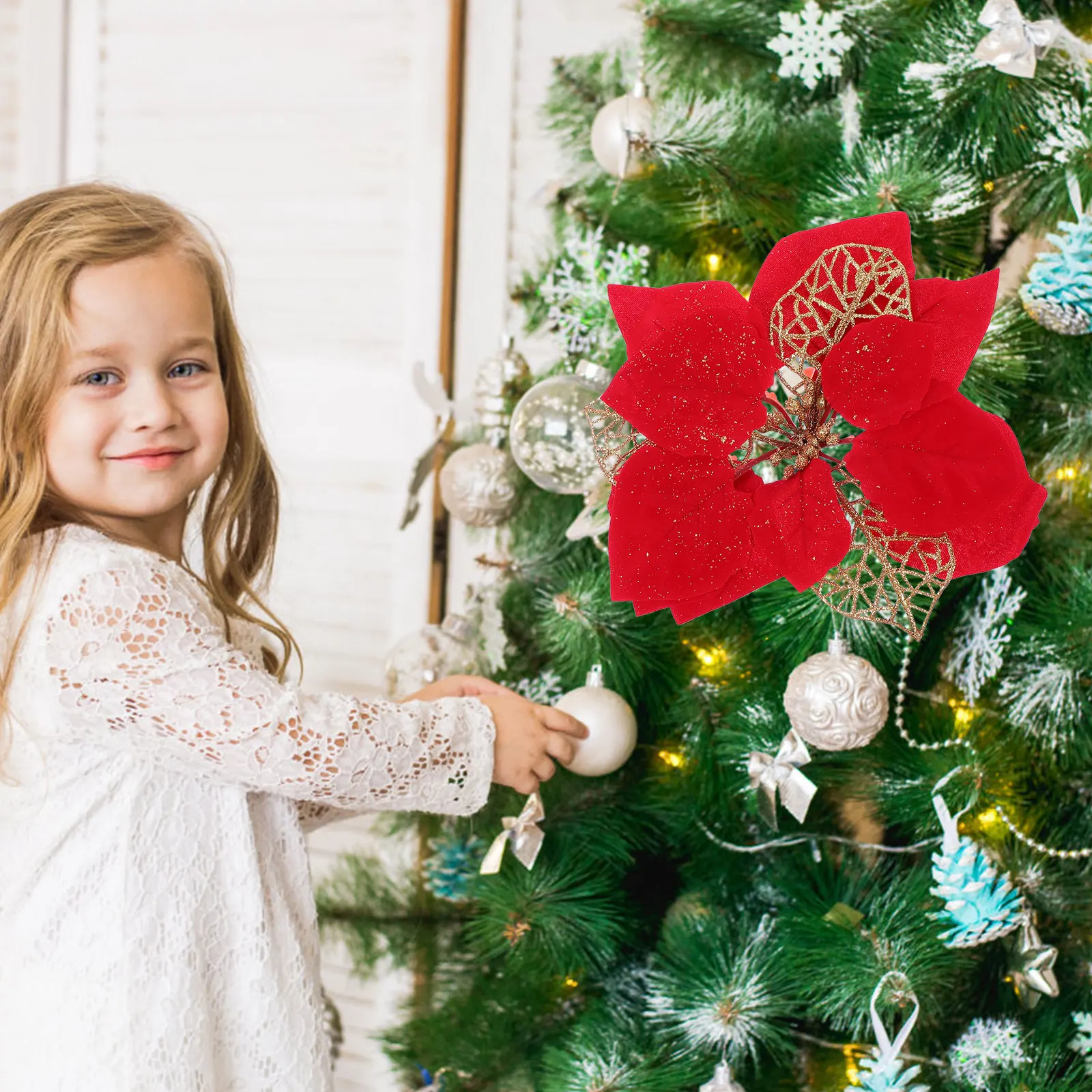 

15 Pcs Christmas Flower Decoration Artificial Glittery Craft Xmas Decorative Flowers Tree Powder Festival Adornment Simulation