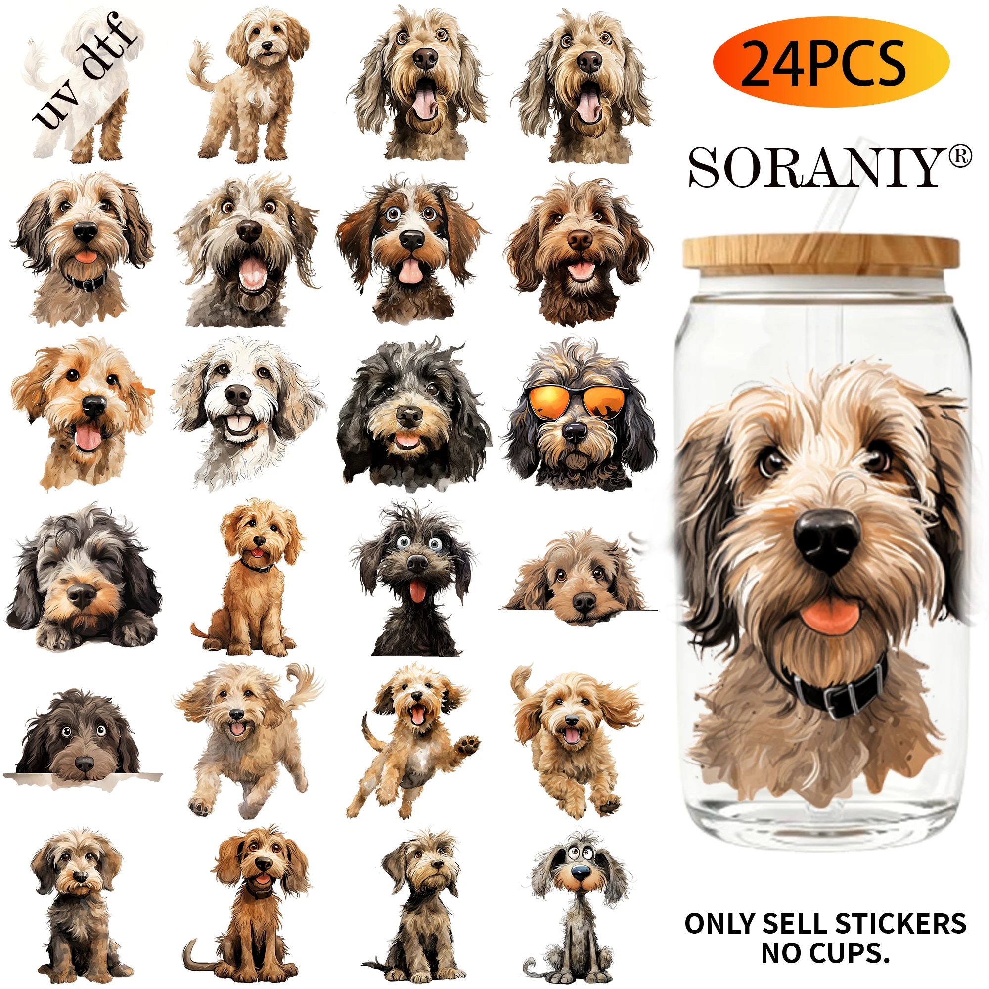 UV DTF Transfer Stickers - 24Pcs/Set Cocker Spaniel Theme UV DTF 16OZ DIY Transfer Stickers