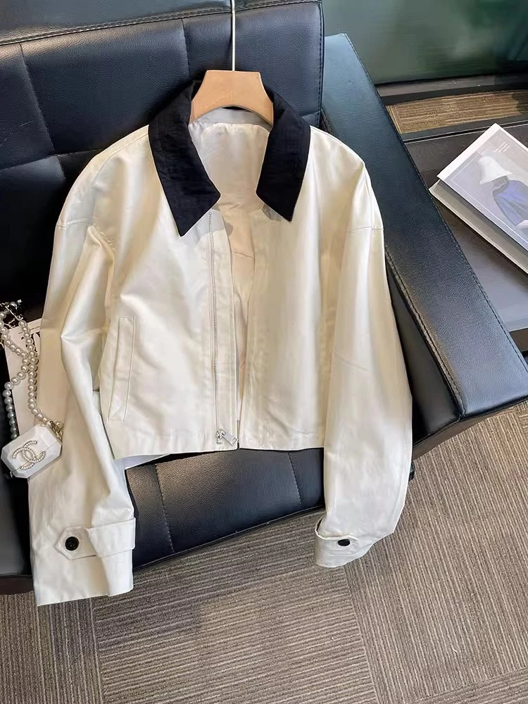 

Retro Japanese Sle ort Loose Fit Collar Women's Jaet Spring Autumn Faion Mismatch Color Top Versatile Casual irt