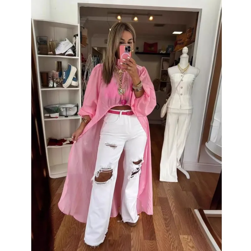 

2024 New Fashion Spring/Summer Top Thin Irregular Short Front Long Back Shirt Bubble Long Sleeve Translucent Women's Shirt Dress