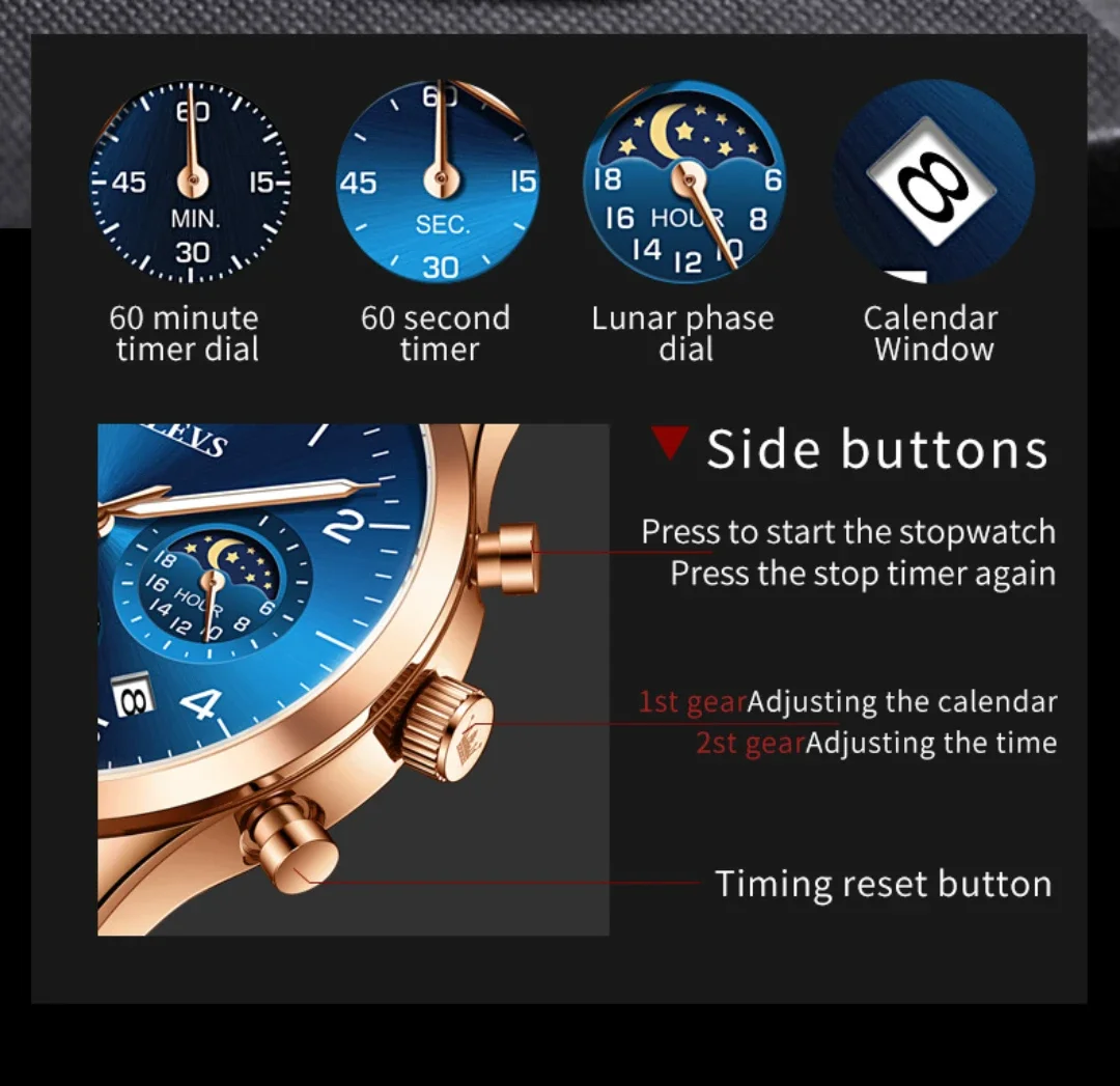 OLEVS-ساعة عمل كوارتز ، حزام ساعة جلد طبيعي ، ساعة كرونوغراف مستديرة ، تقويم ، 2882