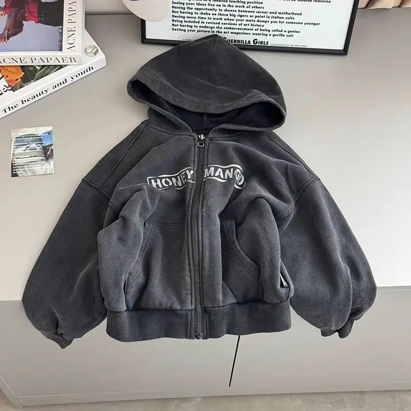 

Boys' Cardigan Jacket 2025 Autumn Clothing New Children's Foreign Style Washed Old Popular Sweater Trendy Brand Letter Boy Top