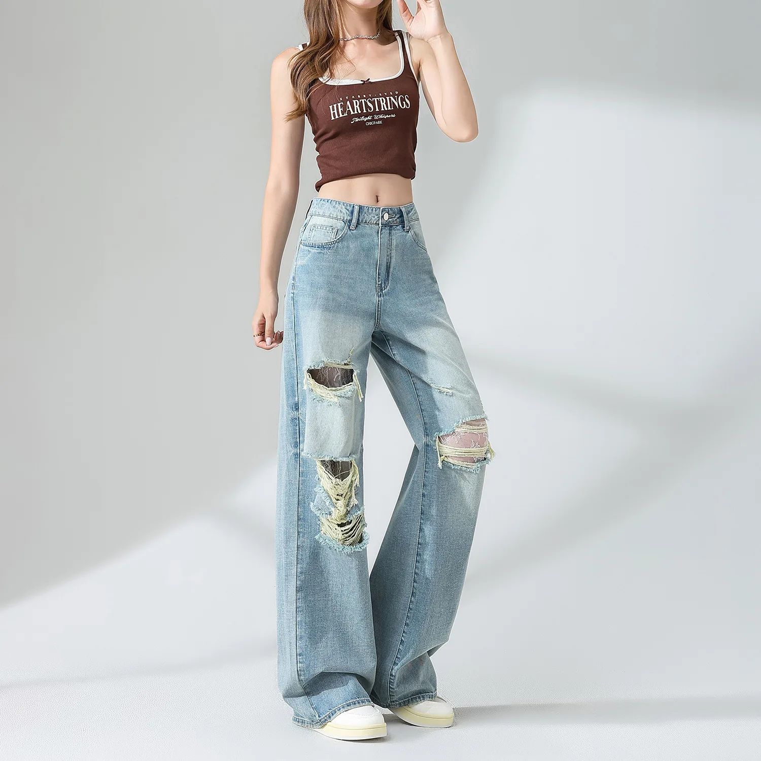 

Denim Wide Leg Pants Women Vintage Hole Jeans Trousers High Waist Washed Distressed Pockets 2025 Streetwear Floor Length