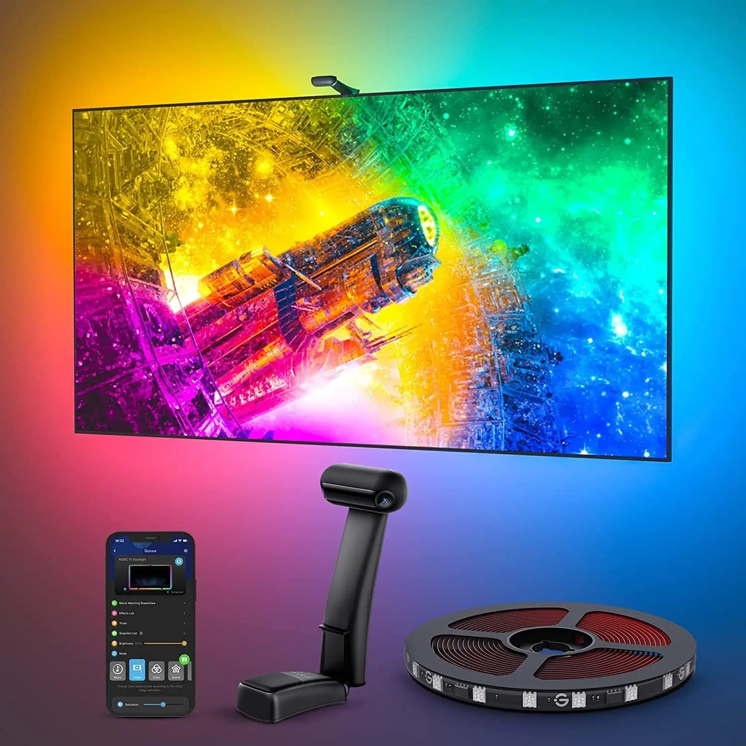 Retroilluminazione a LED T2 con doppia fotocamera, strisce luminose a LED wi-fi RGBIC da 11,8 piedi per tv da 55-65 pollici