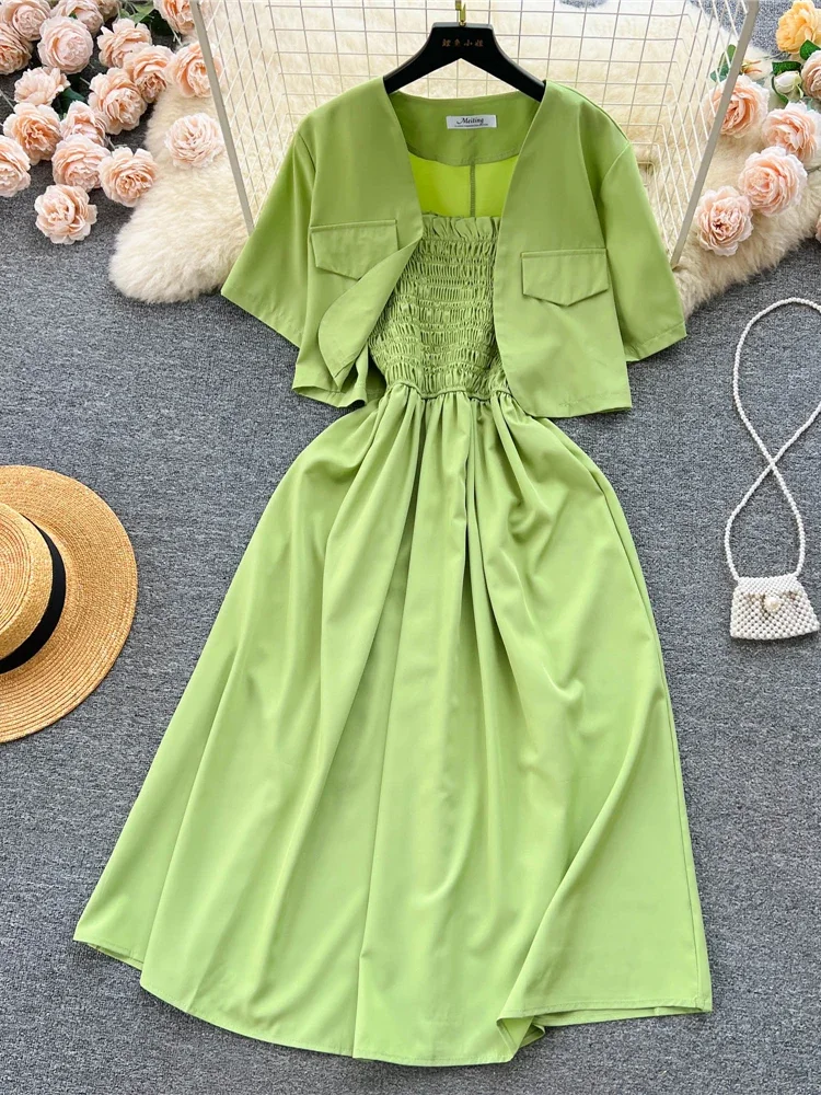 Sweet Memory Summer Women Vintage Two Piece Set Green/Blue/Red/Yellow Elegant Short Cardigans + Spaghetti Strap Dress Suit 2Pcs