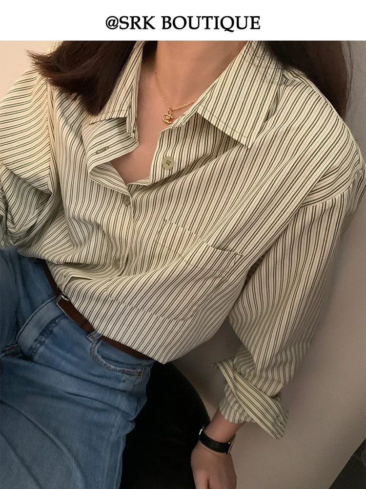 

Женская винтажная блузка SRK в полоску, удлиненная, до плеч, с завышенной талией, приталенная, модная, для повседневной носки и делового стиля