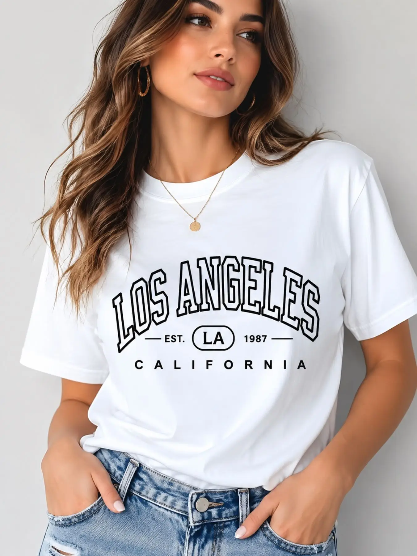 Fashionable and Versatile Letter Los Angeles Printed Short Sleeve T Shirt Women's Trendy and Casual Style Tops Clothes Female