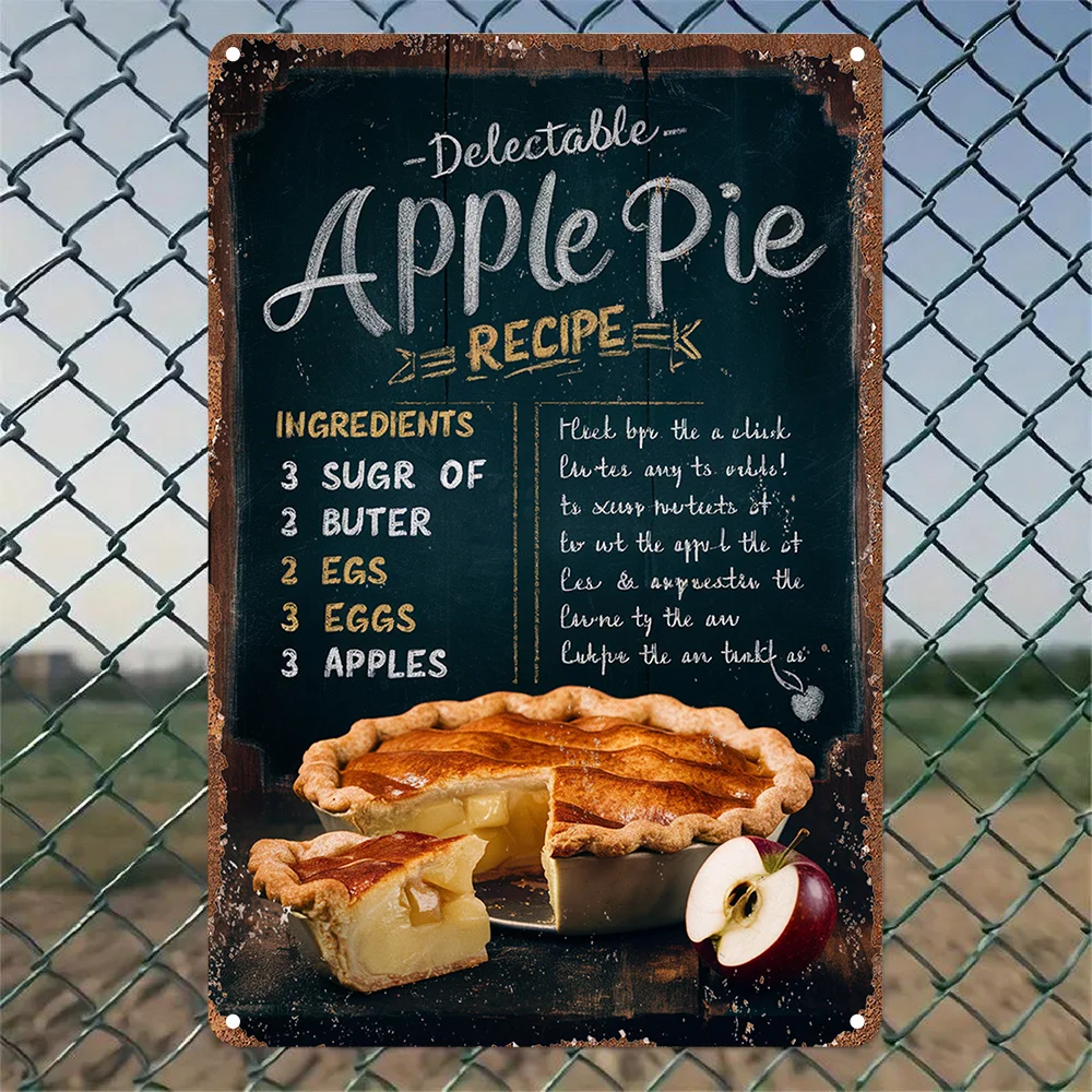 Receta retro de tarta de manzana, logotipo artístico de pared de metal, decoración de cocina de hojalata de estilo campestre, 8x12 pulgadas