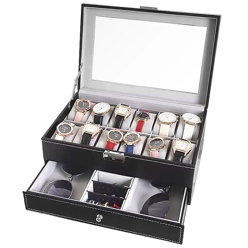 Double Layer 12 Slots Watch Box PU Leather Watch Case Boxes Organizer With Lock Jewelry Drawer for Women Men Best Gift