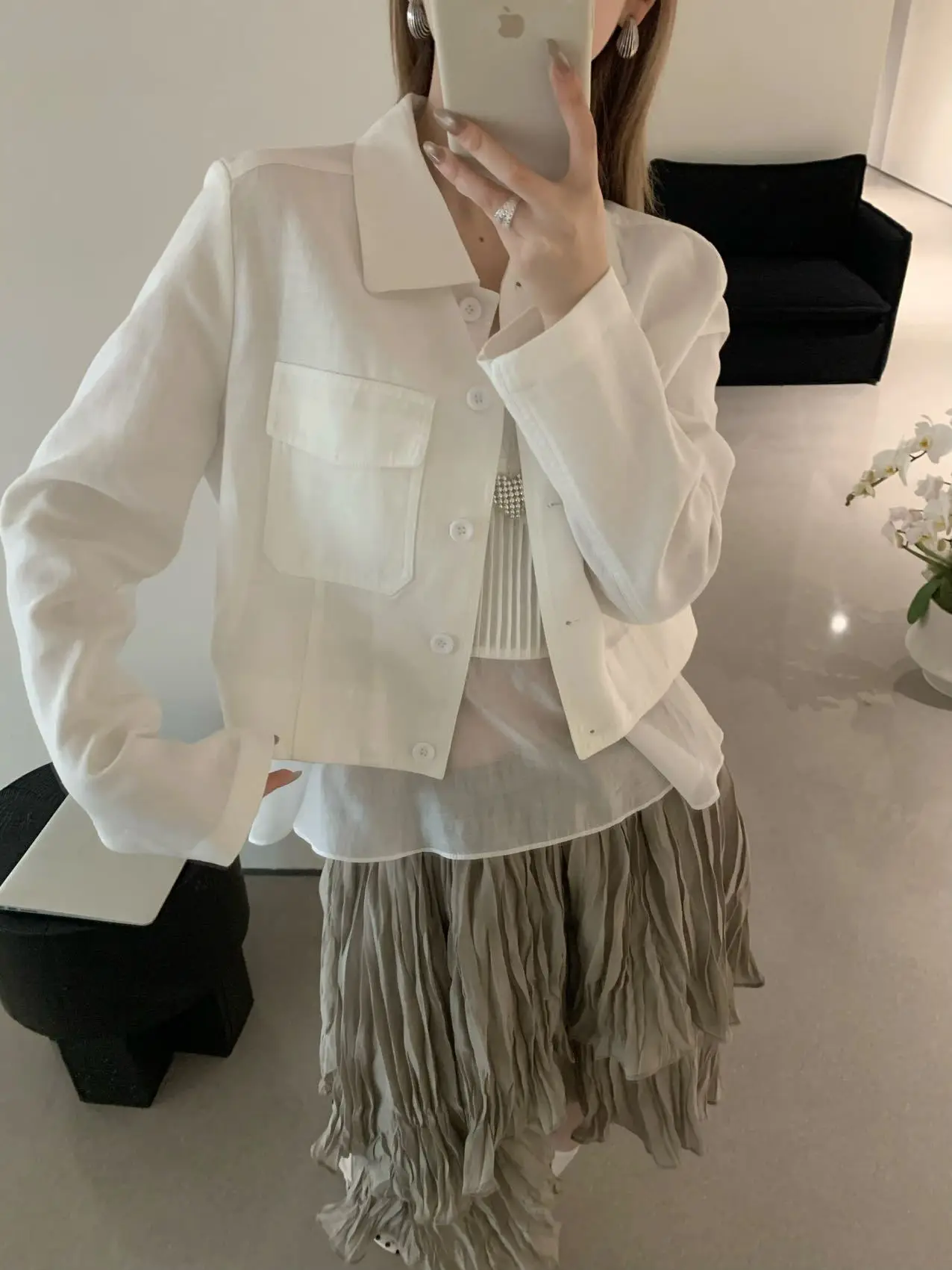 

Spring Commuter Style Women's Short Linen Jacket Simple Korean Flip Collar Outerwear Enxi E20889 Casual Slimming Long Sleeve