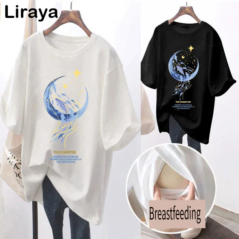 Pregnant Women T Shirt Maternity Summer Short Sleeve Side Button Crew Neck Tees Solid Color Nursing Tops For Breastfeeding 2024