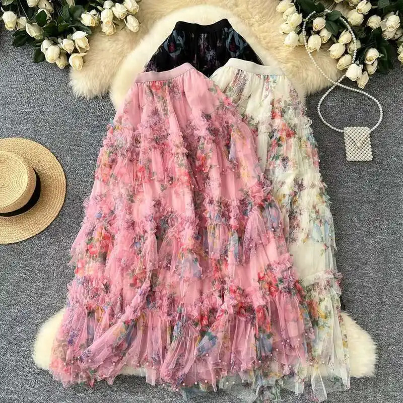 

Женская роскошная длинная юбка из тюля с цветочным принтом на весну и лето, расшитая бисером, 2022, женская элегантная фатиновая юбка трапециевидной формы с высокой талией