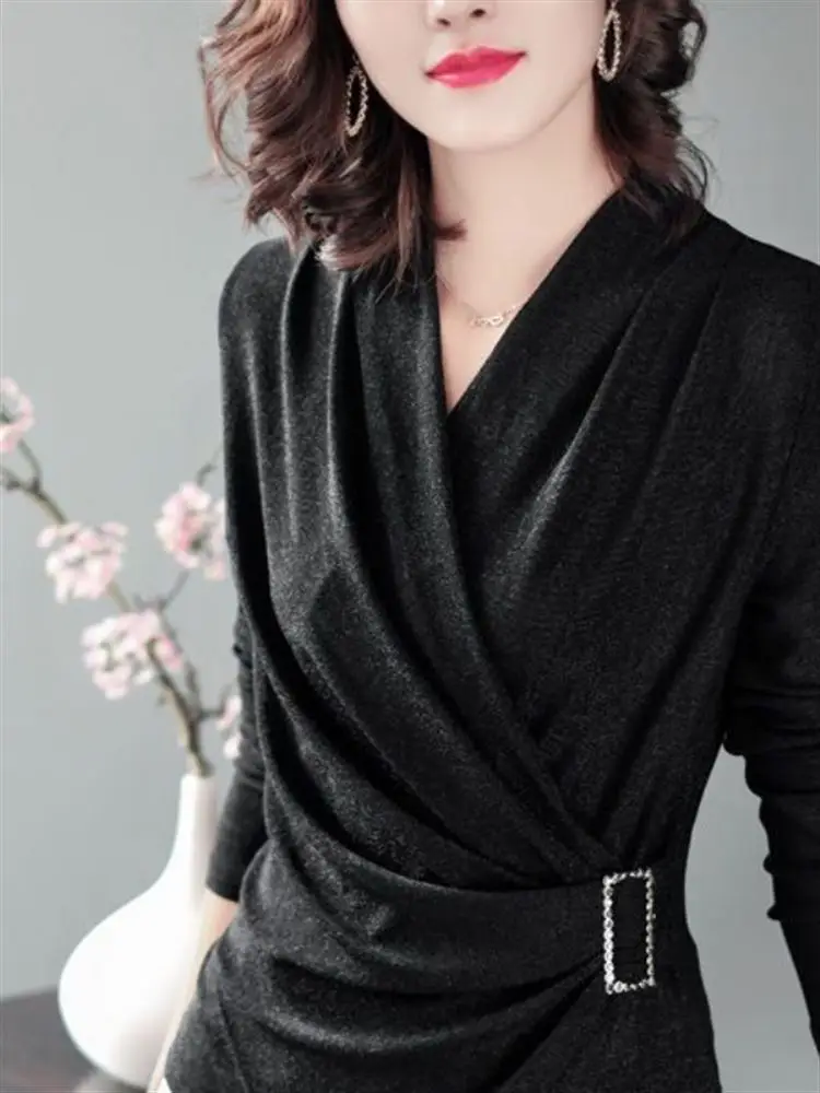 Spring Autumn Women's Cross V-ne Long Sve T-irt Slimming Waist Faionable Versatile Cover Belly Trendy Mom Outerwear