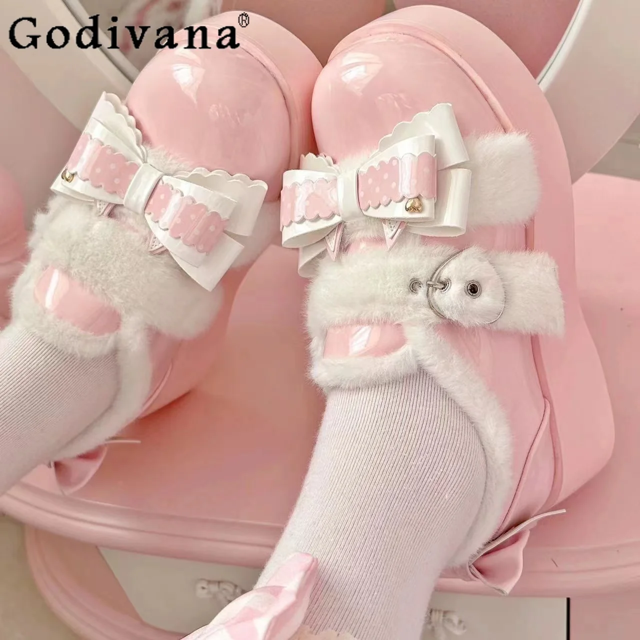 

Sweet Cute Lolita Shoes 2024 Winter Velvet JK Leather Shoe Women Bow Kawaii Heels Women Boots