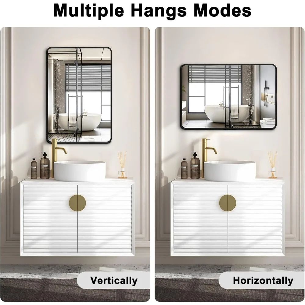 Ensemble de miroirs de salle de bain à cadre noir, 2 pièces, 24 x 36 pouces, incassable, accroche horizontalement ou vertical pour la vanité et le mur
