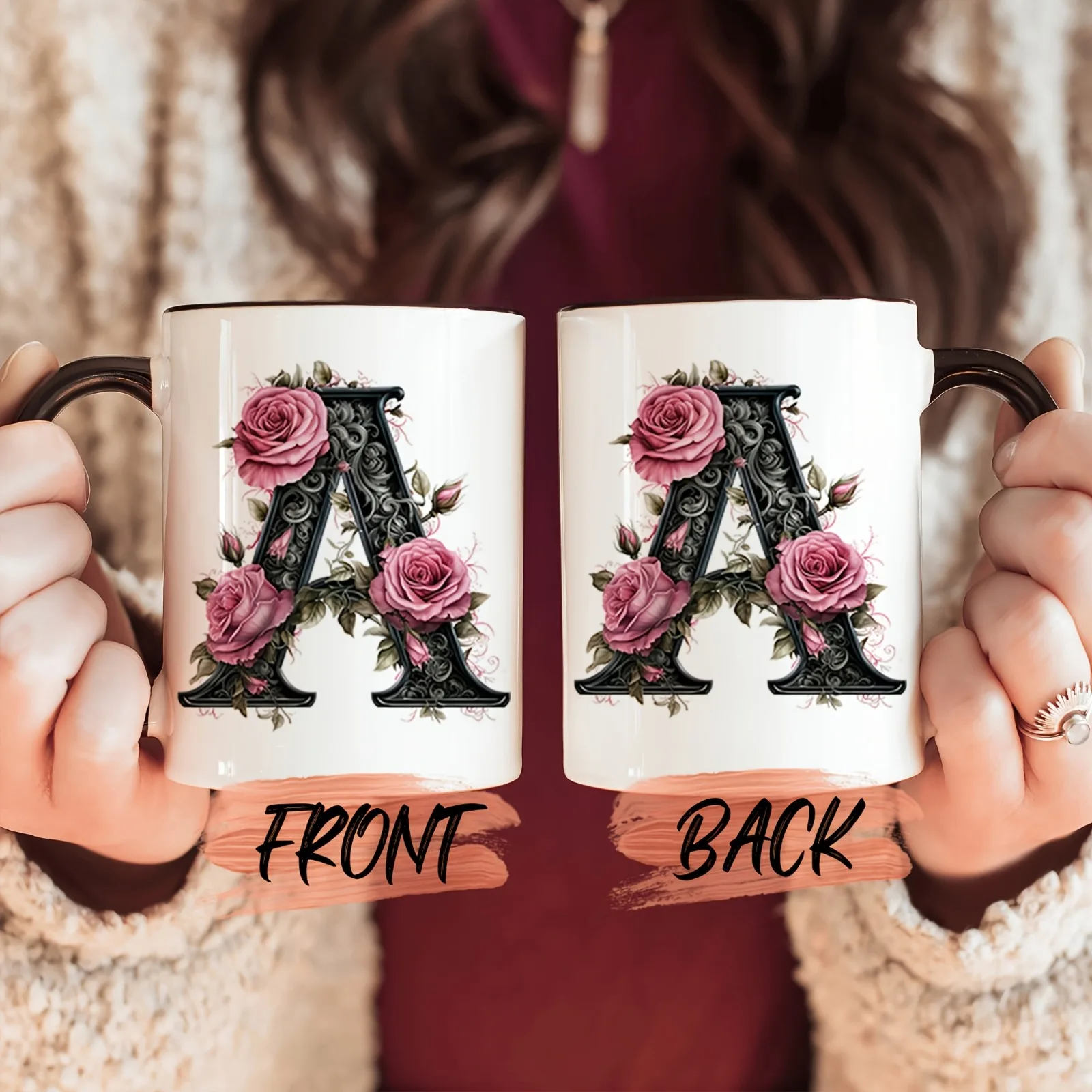 Floral Monogram Letter A Coffee Mug, Vintage Pink Rose Initial Ceramic Cup, Gothic Ornate Alphabet Mug Gift for Her