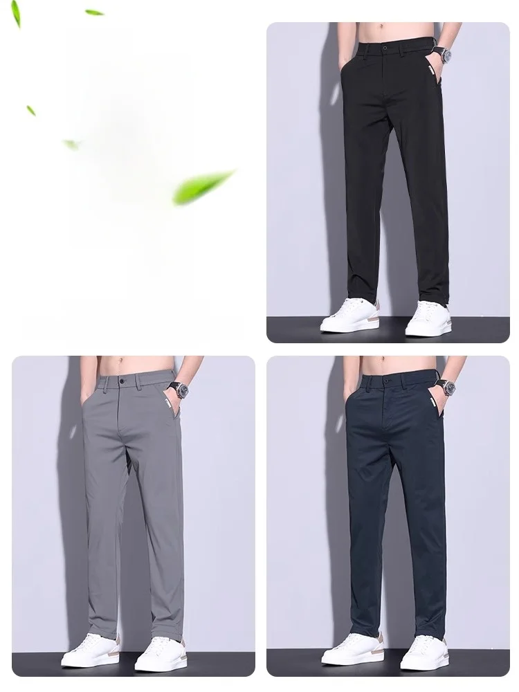 بنطلون فانكل الحريري الرقيق للأعمال والملابس غير الرسمية للرجال، موديل صيفي جديد، بنطلون بدلة مستقيم الساق بخصر متوسط وسحاب أ...