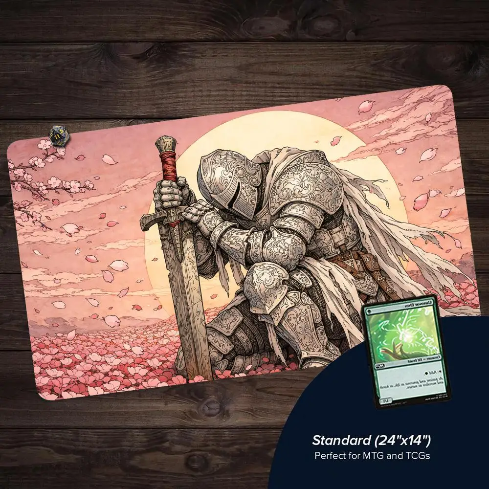 Glamorous Knight and Cherry Blossoms TCG Playmat 35X60CM Magic Card Battle Mat Non-Slip Stitched Edge Mat Rug Tabletop Playmat