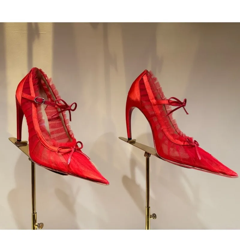 

2026 Spring/Summer Women's Stiletto Pointed Fashion Show Bow Strap Sandals European and American Sexy Party Shoes Wedding Shoes
