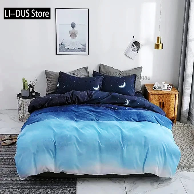 Night Starry Sky Bedding Set Queen Galaxy Moon Star Duvet Cover Blue Gradient Color Comforter Cover Soft Reversible Quilt Cover