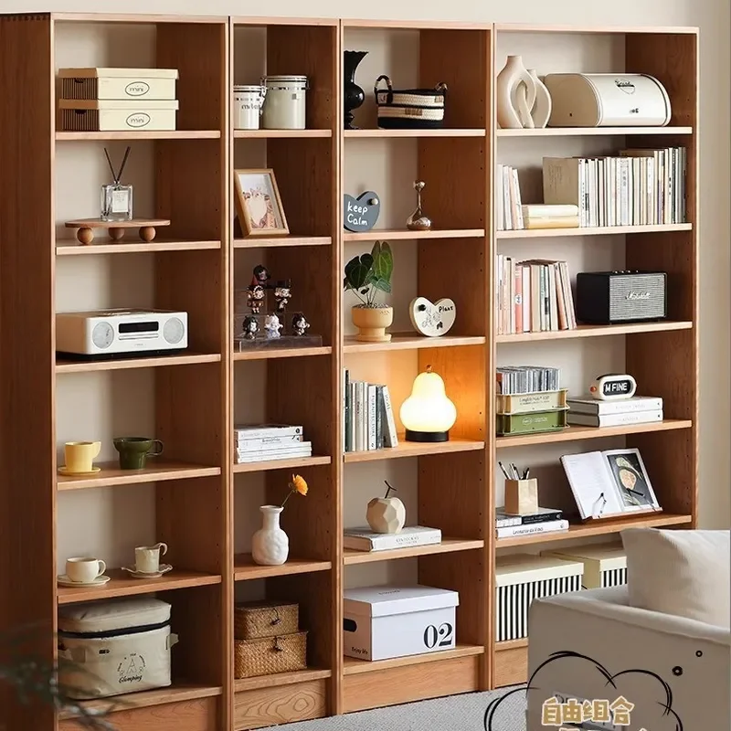 Nordic Solid Wood Floor to Ceiling Bookshelf Cherry Wood Whole Wall Bookcase Study Storage Display Rack