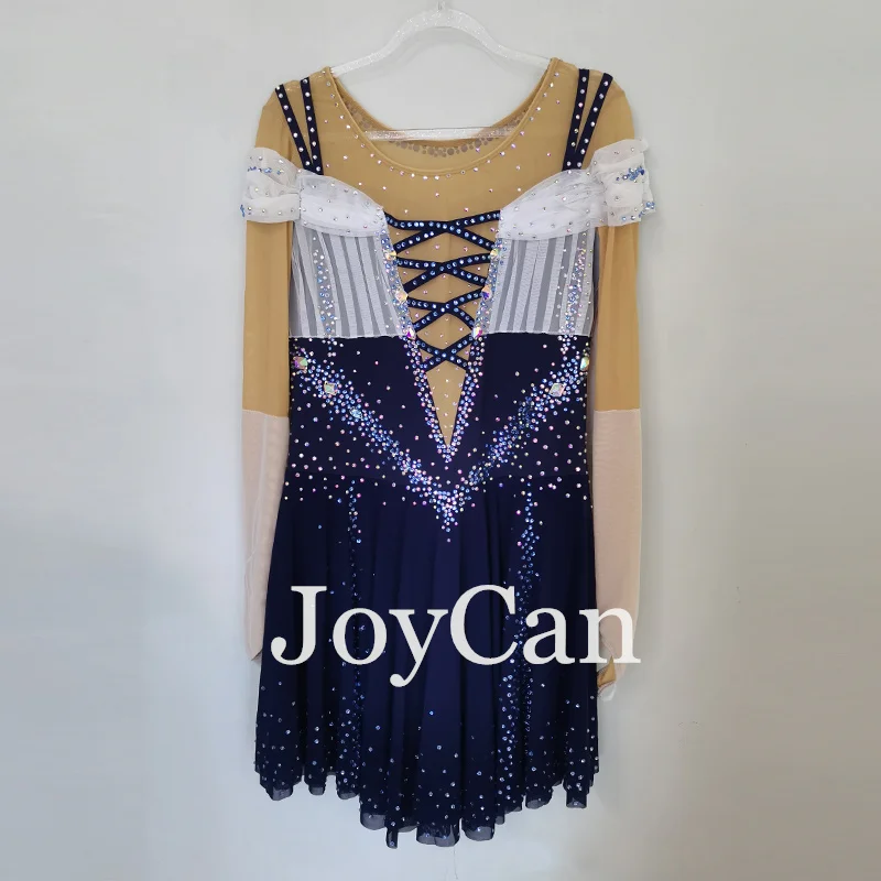 JoyCan-vestido de patinaje artístico para niñas, Ropa de baile de competición, elástica, de licra, azul oscuro, personalizada