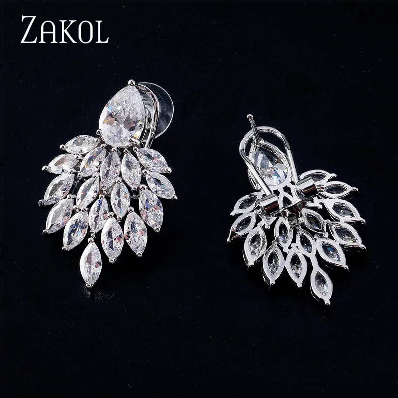 ZAKOL Fashion Water Drop Cubic Zirconia Leaf Stud Earrings for Women Wedding Party Bridal Jewelry EP4084