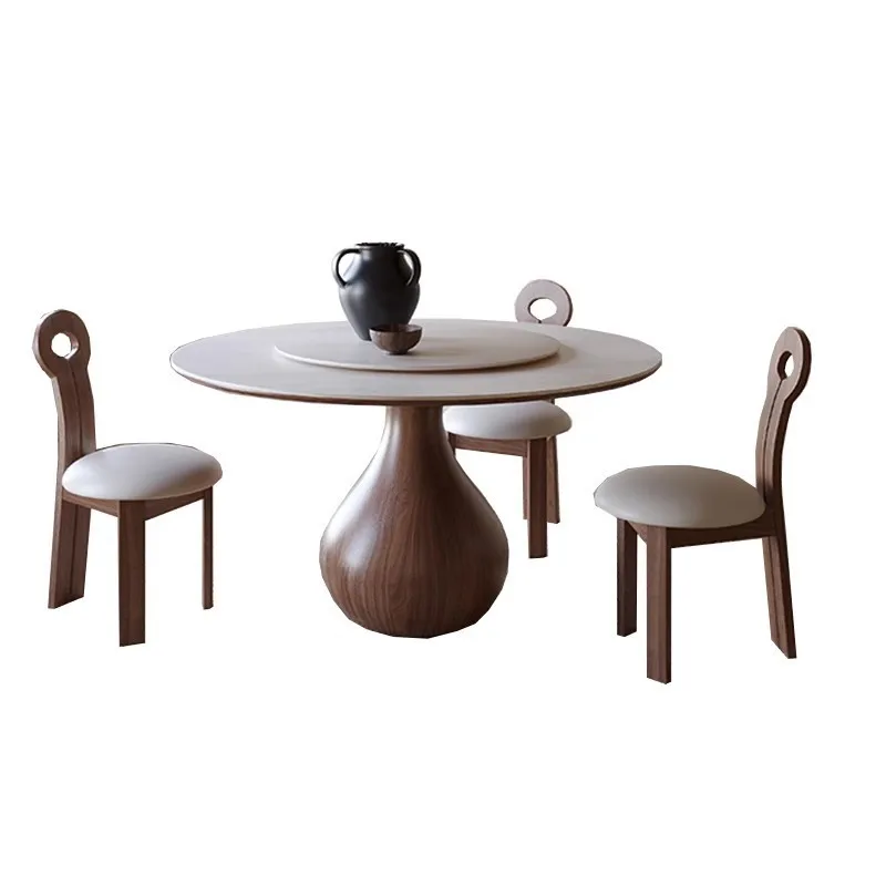 Italian black walnut solid wood round dining table household dining table retro dining table medium antique rock slab round dini