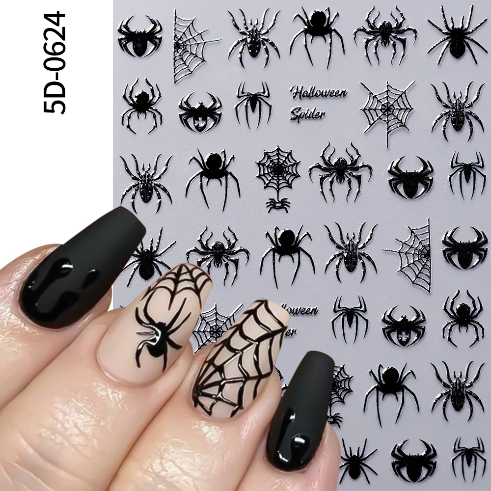 1Sheet 5D Black Halloween Nail Sticker Dark Spider/Bat/Pumpkin/Skull Nail Art Decals 10X8cm Halloween Festival Manicure Sliders