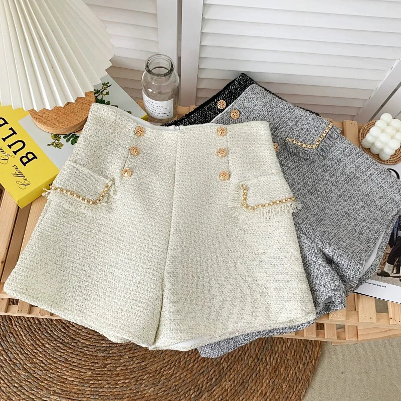 

Women Tweed High Waist Short Button Vintage A-line Shorts Casual Office Shorts Chic Trousers Mini Slim Hot Shorts Streetwear Y2K