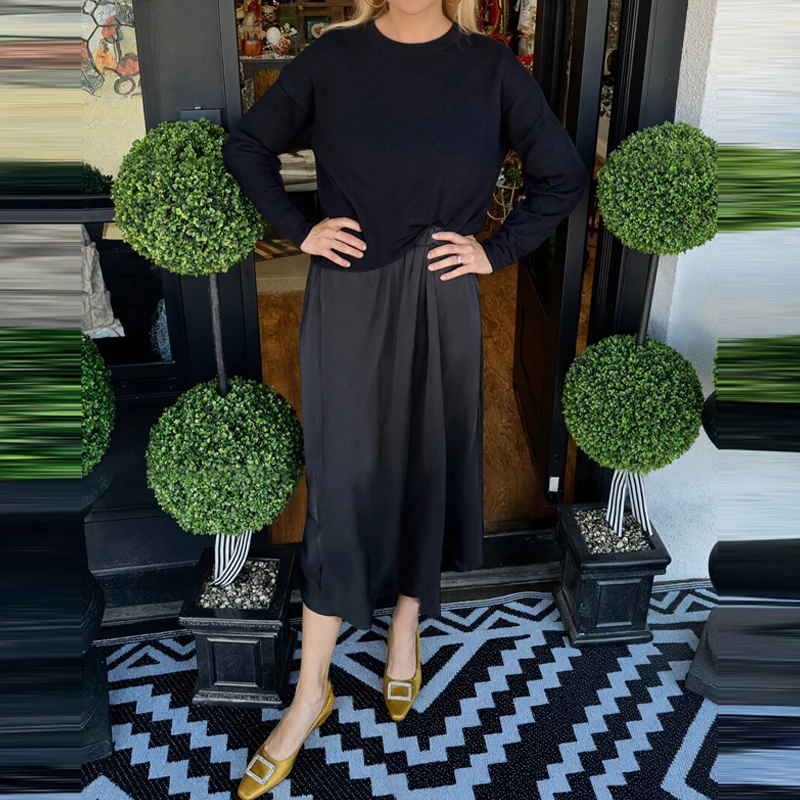 Simples e elegante roupas de festa feminino o-pescoço manga comprida camisola e vestido conjunto de duas peças novo outono casual sólido terno de deslocamento