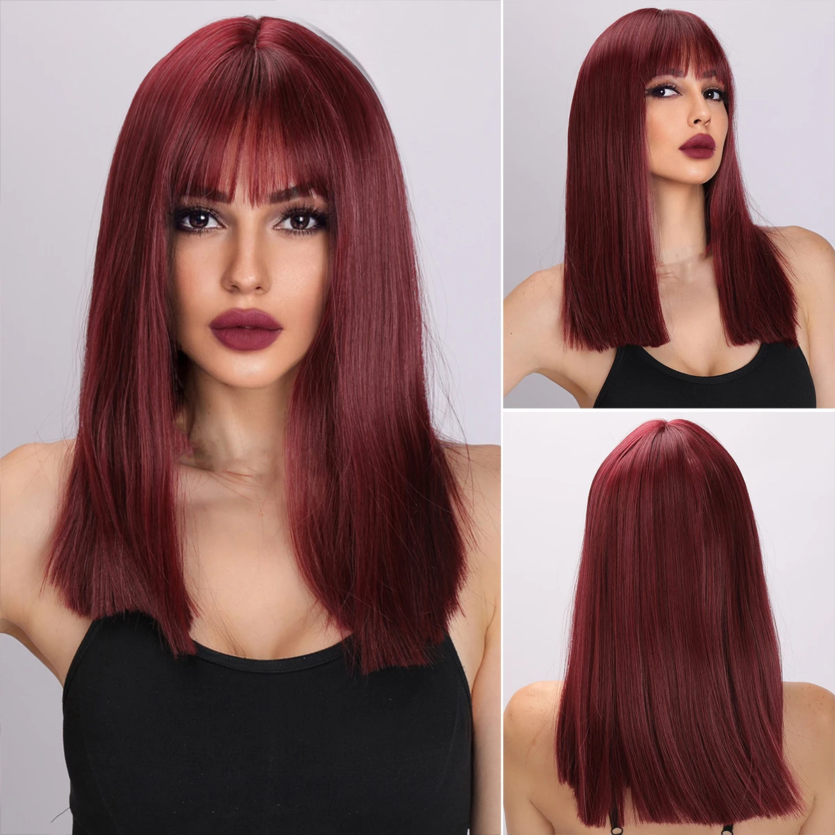 Wig sintetik warna anggur merah modis, Wig rambut lurus panjang dengan poni untuk wanita, Wig tahan panas penggunaan pesta Cosplay harian alami