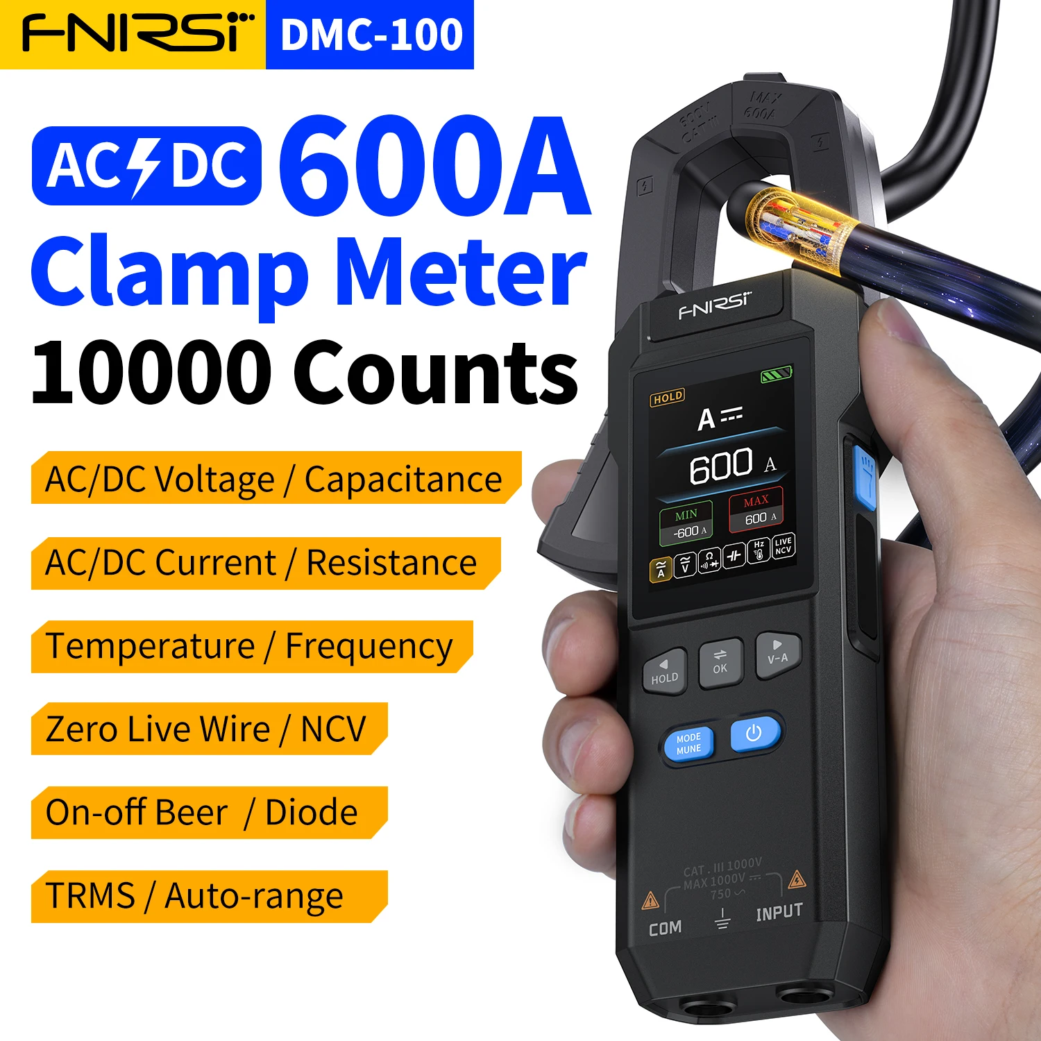 FNIRSI DMC-100 DC AC Current Clamp Meter 10000 Counts Digital Multimeter 600A Amperimetric Clamp Tester NCV Electrician Tools