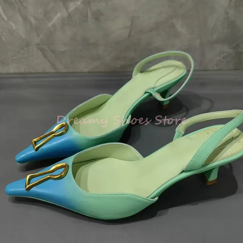 الأزرق مختلط الألوان ديكور معدني عالية الكعب النساء المفاتيح Slingback خنجر الصنادل مثير موضة الجوف حزام الظهر أحذية الحفلات